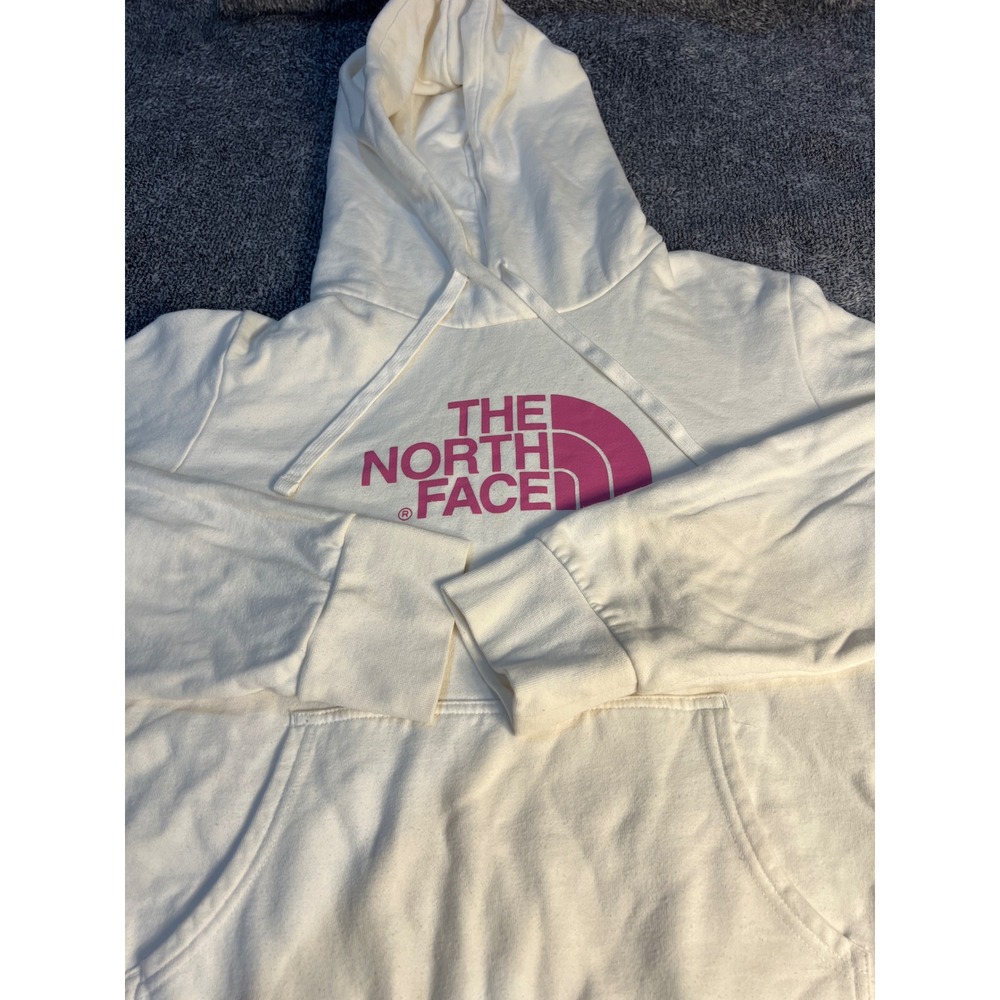 The North Face Womens Cream Pink Logo Pullover Hoodie Sweatshirt Large L
